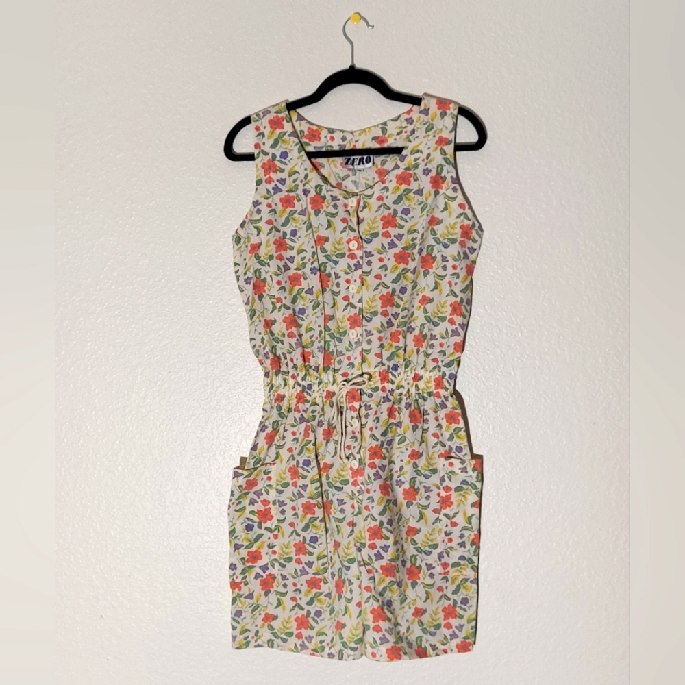 ZERO Vintage White Floral Multicolor Cotton Blend Elastic Waist Romper WM Size M
